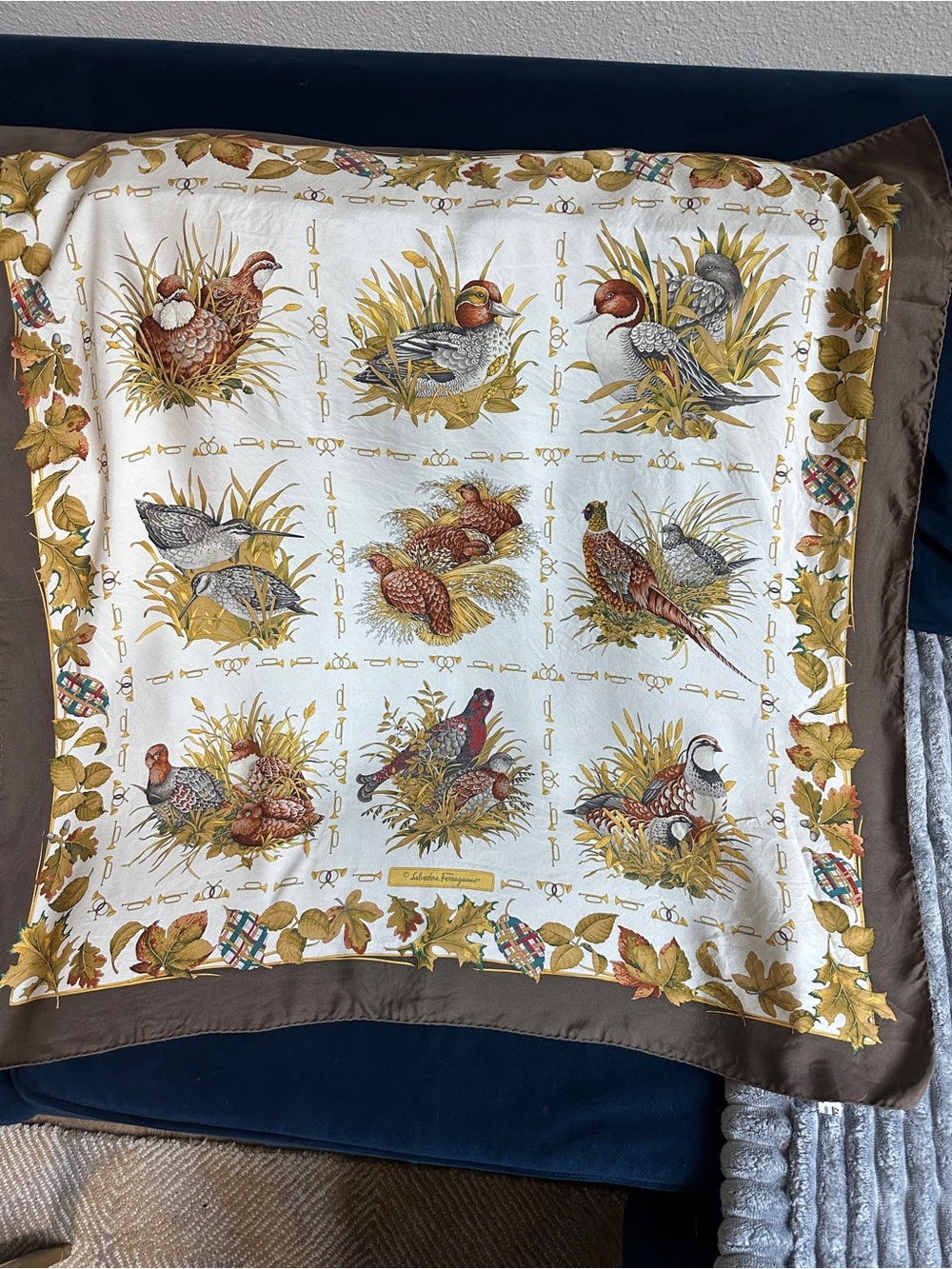 vintage Salvatore Ferragamo silk scarf featuring an ornate game bird motif